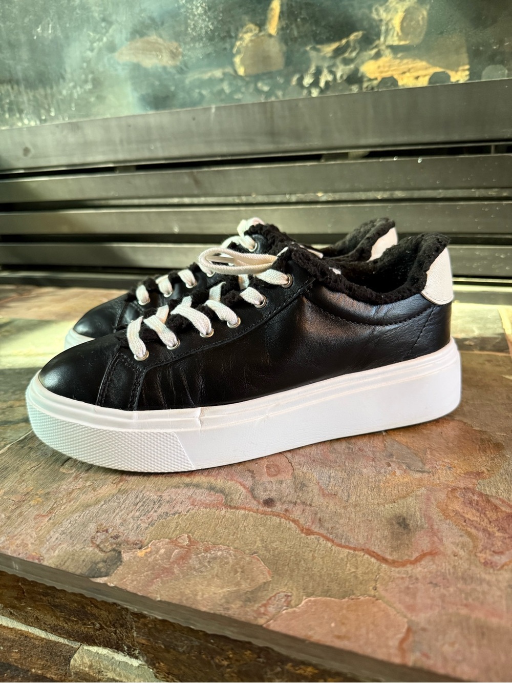 SCHUTZ Black Leather Platform Sneakers with White Accents
